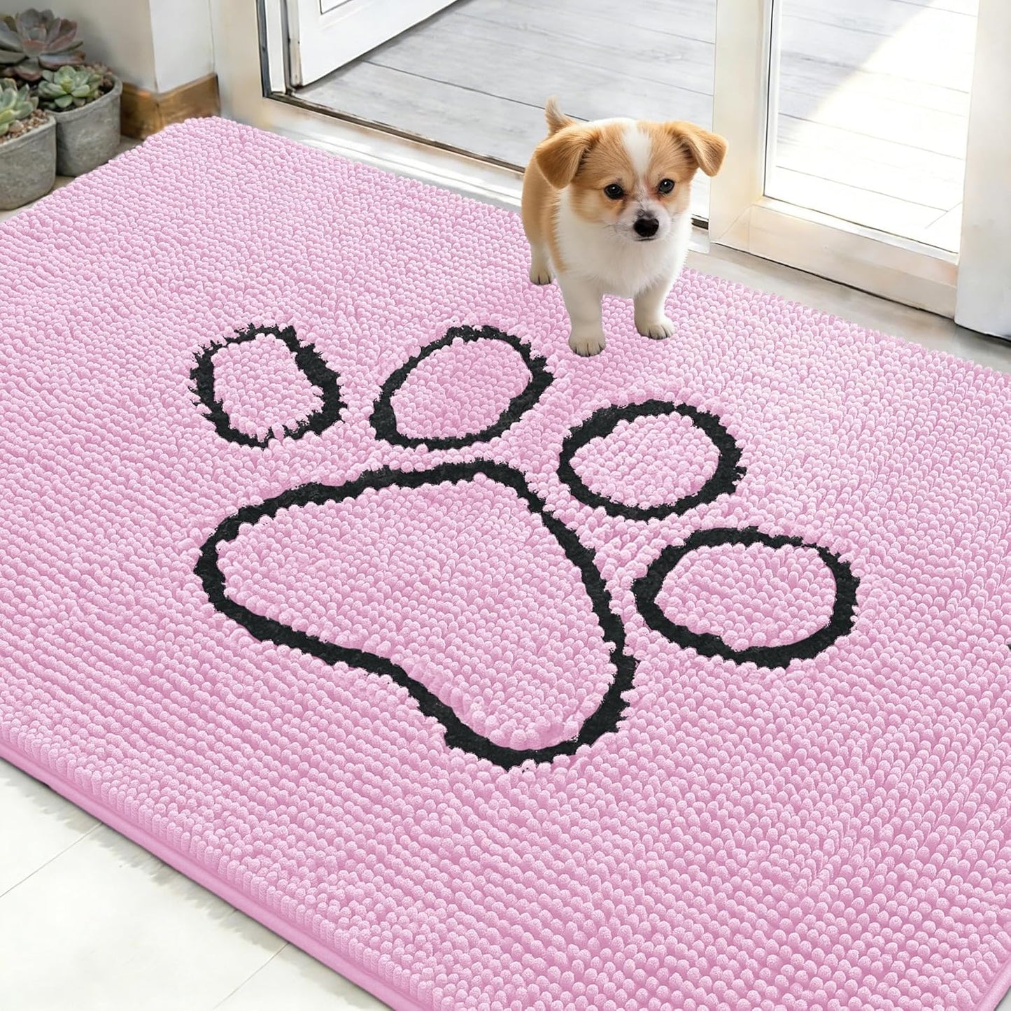 OLANLY Dog Door Mat - Absorbent Non-Slip Mud Mat for Muddy Paws | 48x30 Pink Chenille Design