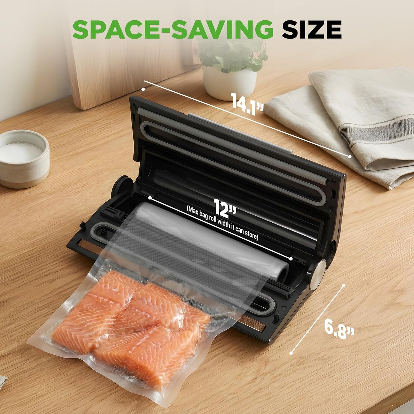 NutriChef Vacuum Sealer Machine - 80kPa Food Sealer with Cutter & Bag Storage | Includes 1 Bag Roll & 5 Vacuum Bags