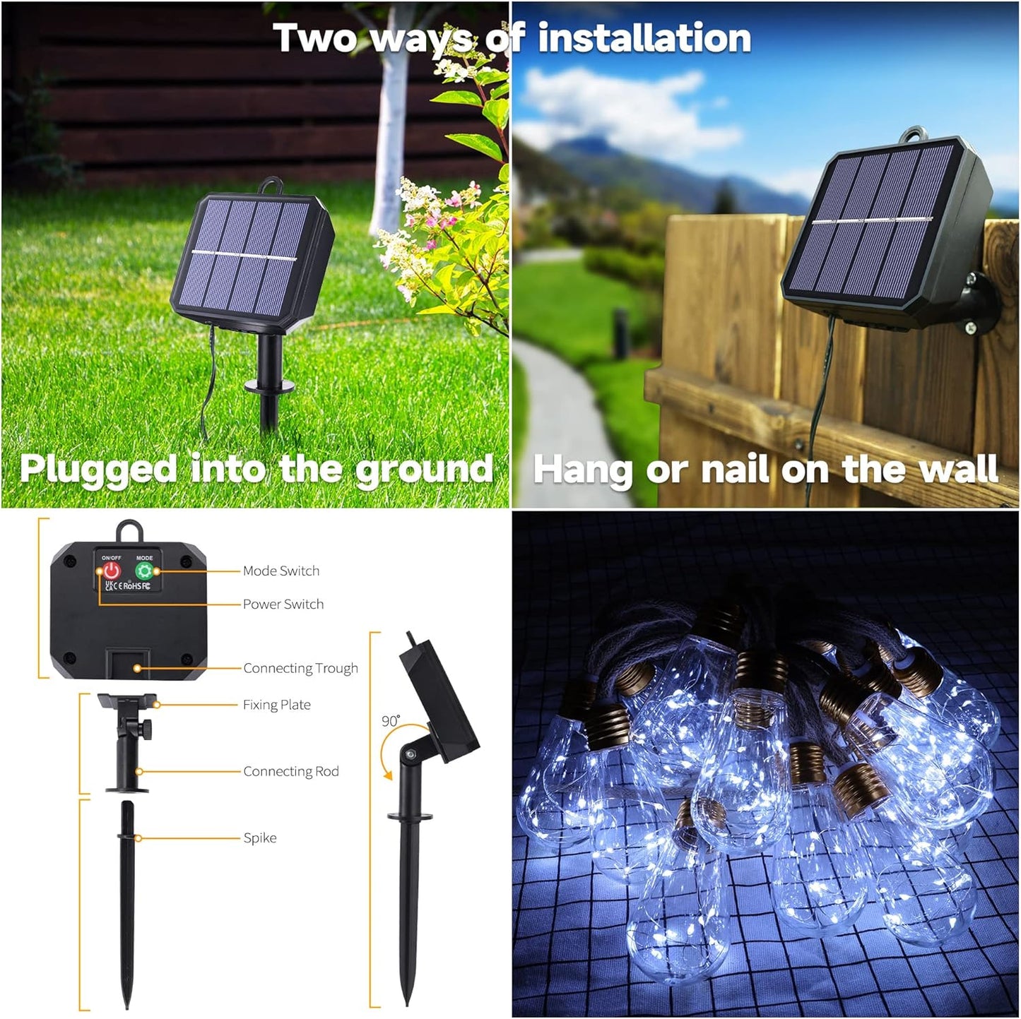 Skiennix Solar Outdoor String Lights - 20Ft Vintage Rope Design | Waterproof 8-Mode White Lights with 16 Shatterproof Bulbs for Garden & Patio