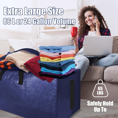 Sweet Dolphin Extra Large Moving Bags - Heavy Duty Storage Totes with Strong Zippers & Handles | Navy Blue, 6 Pack