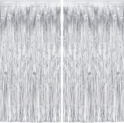 GREATRIL Metallic Party Backdrop - Silver Foil Fringe Tinsel Curtain for NYE & Events, 8.2ft x 3.2ft | Pack of 2