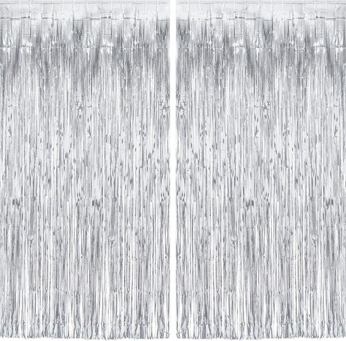 GREATRIL Metallic Party Backdrop - Silver Foil Fringe Tinsel Curtain for NYE & Events, 8.2ft x 3.2ft | Pack of 2