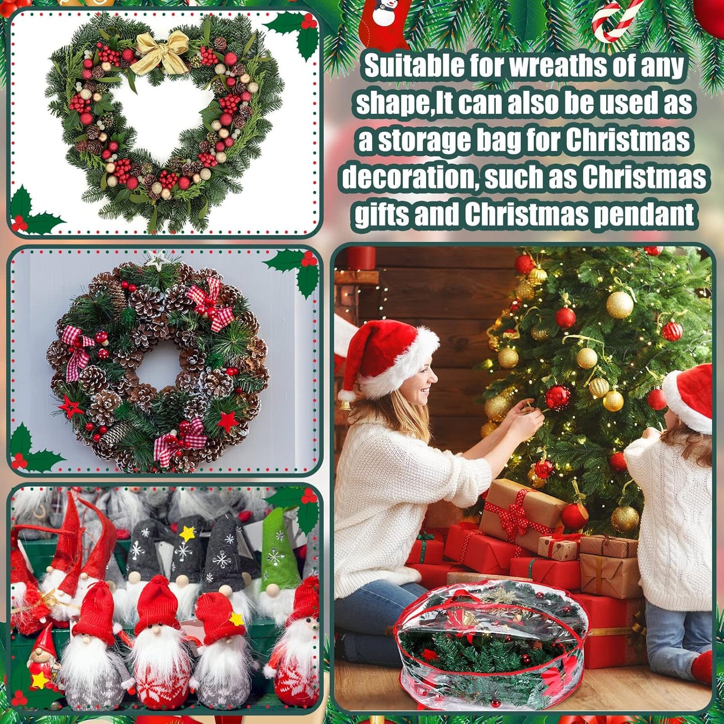 Shappy Clear Christmas Wreath Storage Container - 24 Inch Xmas Wreath Bag with Dual Zippers & Reinforced Handles | Red