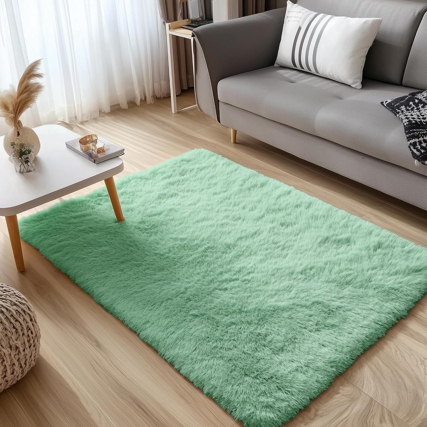 OLANLY Soft Fluffy Shaggy 3x5 Bedside Rug - Machine Washable Indoor Carpet in Mint Green for Kids & Nursery