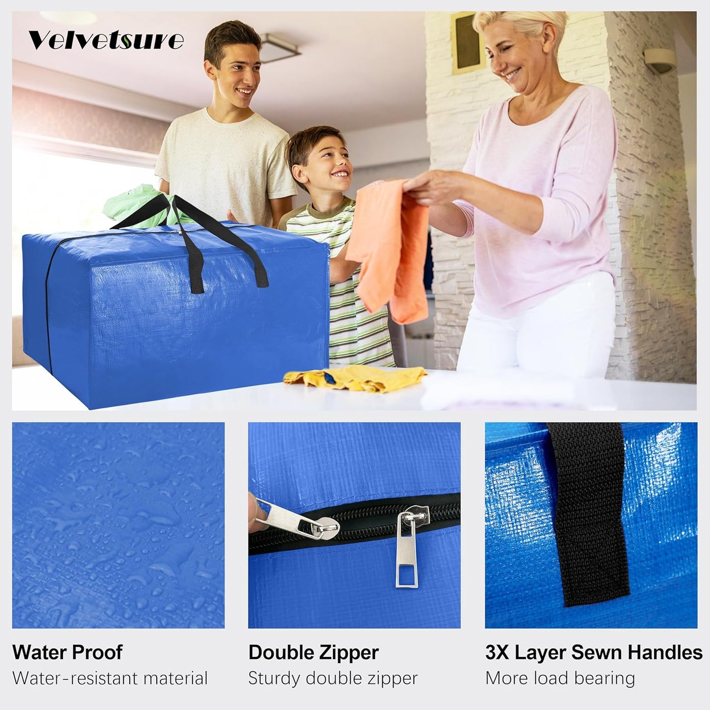 VELVETSURE Heavy Duty Extra Large Moving Bags - Strong Handles & Zippers, Space-Saving Storage Totes (Set of 6, Multicolor)