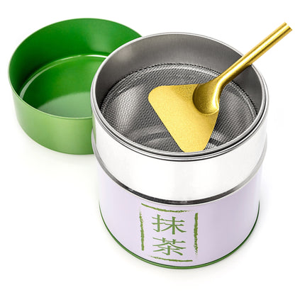 Tealyra - Matcha Plated Aluminum Tin and Stainless Steel Mesh Sifter and Scoop - Matcha Green Tea Strainer Can - Removable Sifter Part - Make Perfect Matcha - Holds Up To 113g (4-ounce)