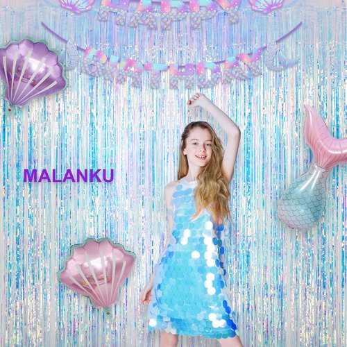 MALANKU Iridescent Streamers - Tinsel Curtain Backdrop for Mermaid & Winter Parties | 2 Packs, 3.3ft x 6.5ft