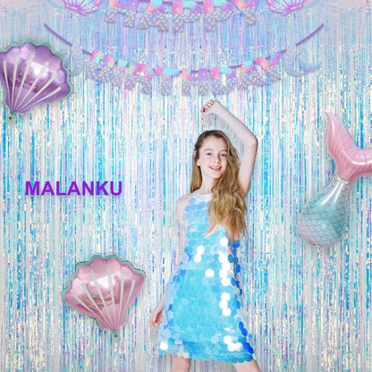 MALANKU Iridescent Streamers - Tinsel Curtain Backdrop for Mermaid & Winter Parties | 2 Packs, 3.3ft x 6.5ft