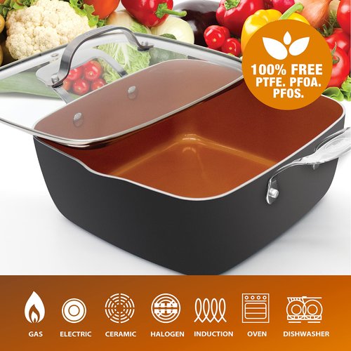 GOTHAM STEEL - 6 Quart XL Nonstick Copper Deep Square All in One 6 Qt Casserole Chef’s Pan & Stock Pot- 4 Piece Set, Includes Frying Basket and Steamer Tray, Dishwasher Safe,Brown