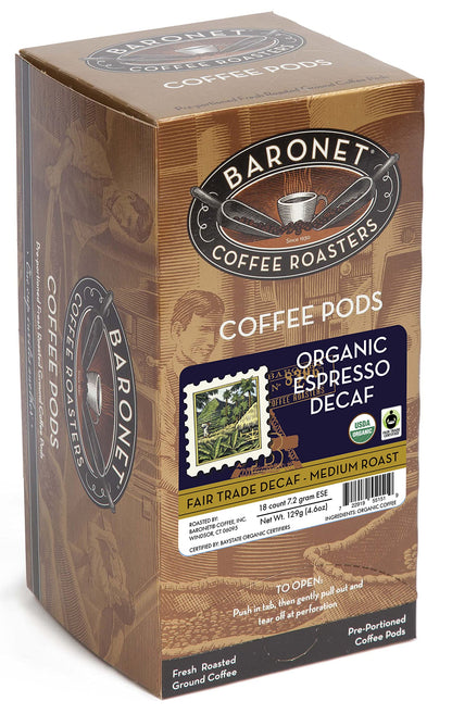 Baronet Coffee Organic ESE Espresso Pods - Decaf Roast - 3 Boxes of 18 Single Serve Espresso Pods – 54 Count, 7.2 Grams - Individually Wrapped for Freshness - Rich, Traditional Flavor