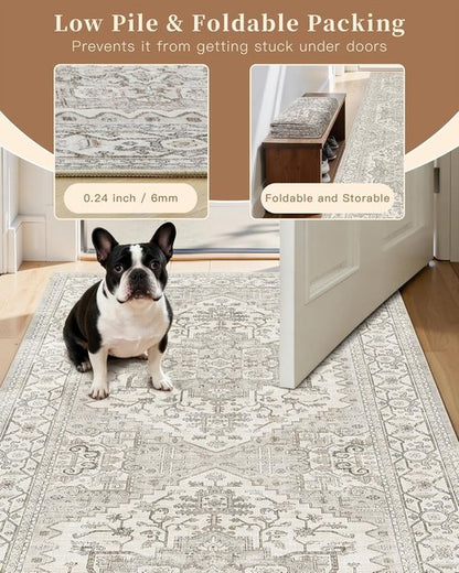 Madane Hallway Runner Rug - Vintage Washable Soft Non-Slip Indoor Carpet | 3x6 Beige/Brown