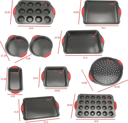 Perlli 12-Piece Nonstick Bakeware Set - Quality Carbon Steel Kitchenware with Red Silicone Handles | Ideal for Cakes, Loaves, Muffins & More