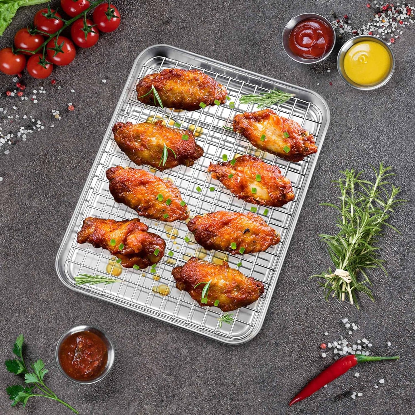 P&P CHEF Toaster Oven Pan Set - 10.4 Inch Stainless Steel Baking Tray with Cooling Rack | Dishwasher Safe, Non-Toxic & Durable