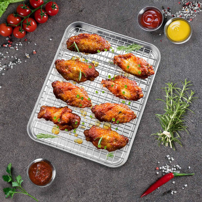 P&P CHEF Toaster Oven Pan Set - 10.4 Inch Stainless Steel Baking Tray with Cooling Rack | Dishwasher Safe, Non-Toxic & Durable