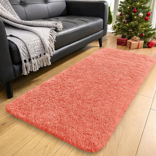 OLANLY 2x4 Machine Washable Runner Rugs for Hallway, Soft Fluffy Shaggy Bedside Rugs for Bedroom, Living Room, Indoor Floor Carpet for Kids Girls and Boys, Home Decor Aesthetic, Coral Red