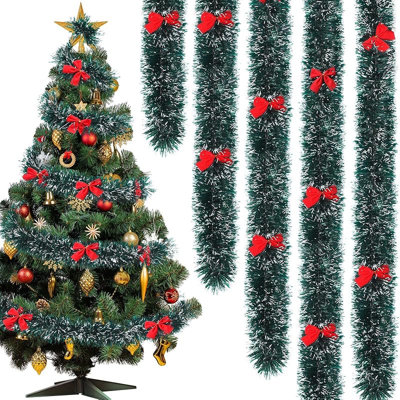 150ft Christmas Tinsel Garland with 114 Red Bows - Dark Green, Variation: Dark Green+114+150ft