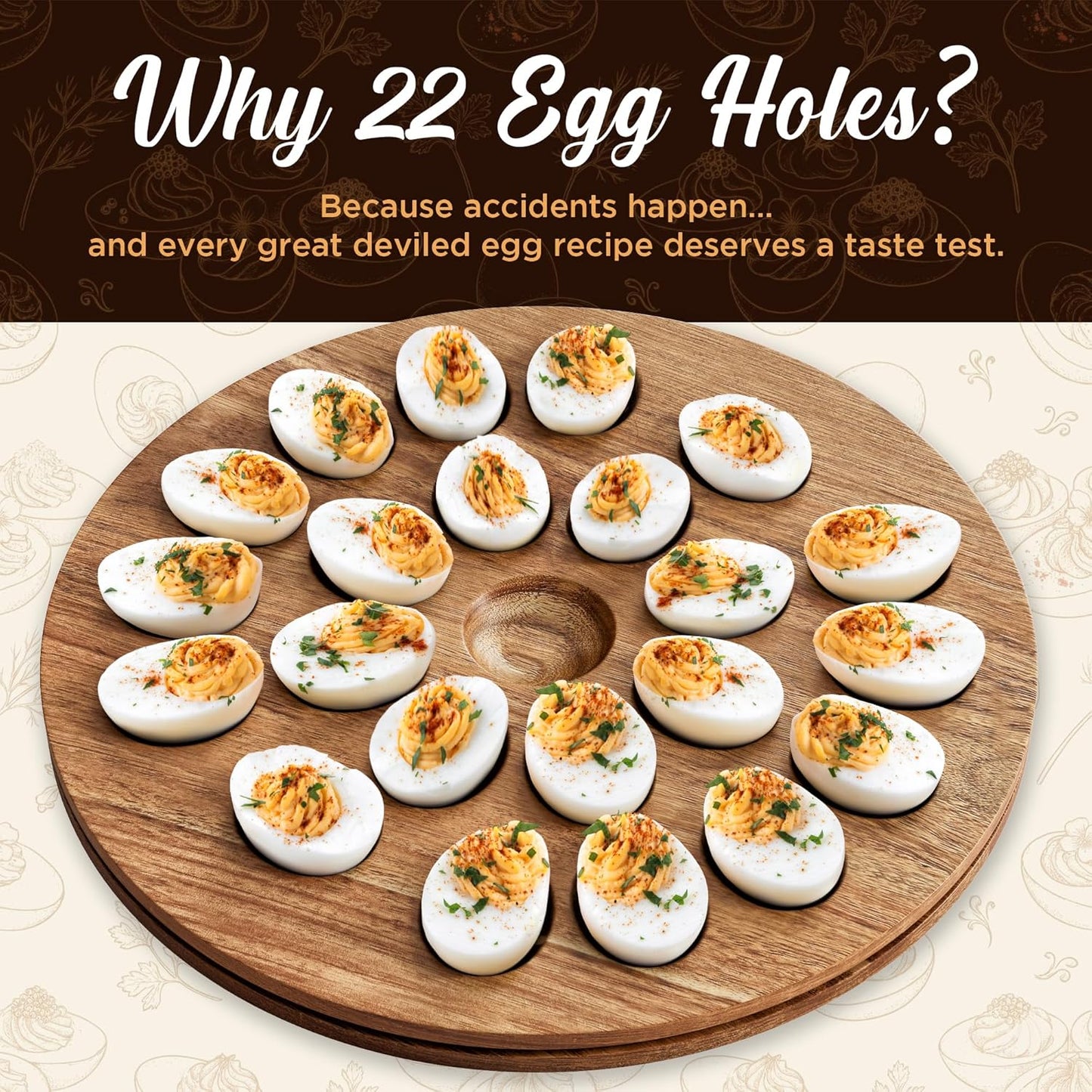 Trauful Deviled Egg Carrier - Reversible Wooden Container with Lid & Handle | Holds 22 Eggs, Acacia Wood