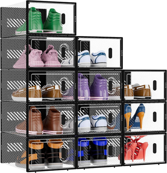 BALEINE Stackable Shoe Storage Boxes - 12 Pack Thickened Clear Plastic Organizers | Fits Size 9, Large Black