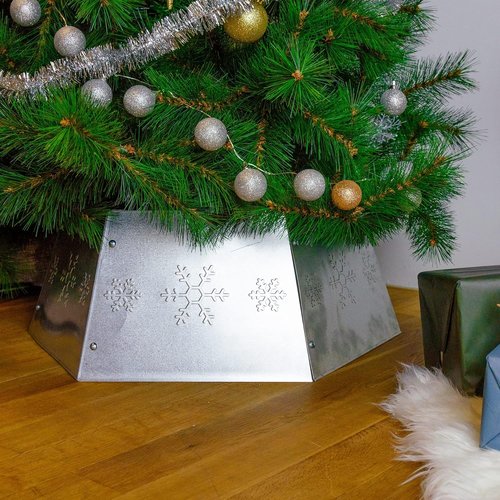 FORUP Metal Christmas Tree Ring - Printed Snowflake Design | Durable Tree Skirt Base Stand (Silver)