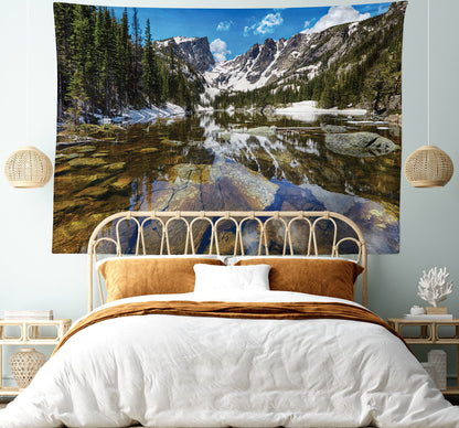 Ambesonne Landscape Tapestry, Dream Mirroring Lake at the Mountain Park in West America River Snow Print, Wide Wall Hanging for Bedroom Living Room Dorm, 60" X 40", Green Brown Blue