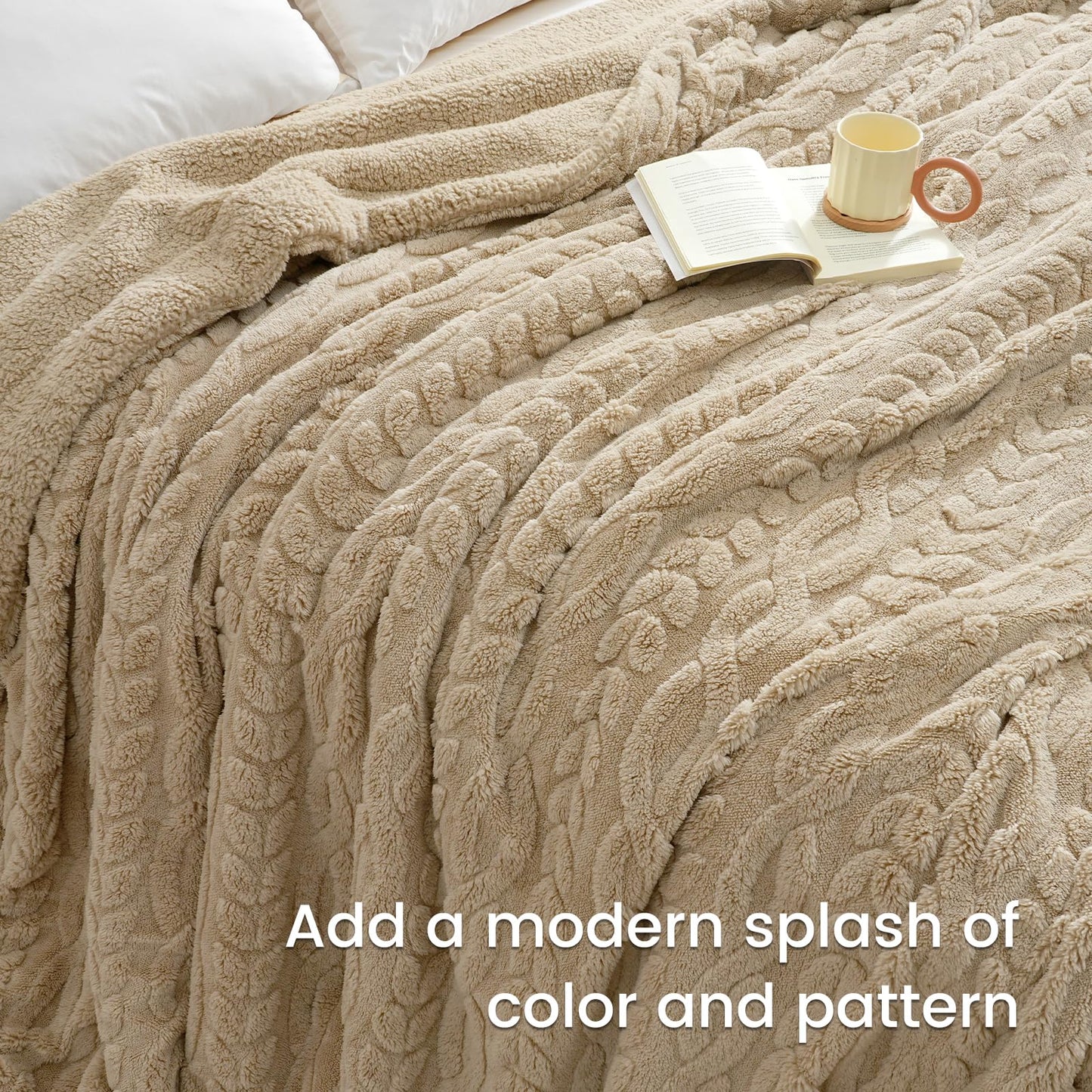 PHF Fluffy Sherpa Blanket King Size for Winter, Warm and Soft, 510GSM 3D Jacquard Thick Shaggy Fleece Plush Blanket for Sofa Bed, Khaki, 108"x90"