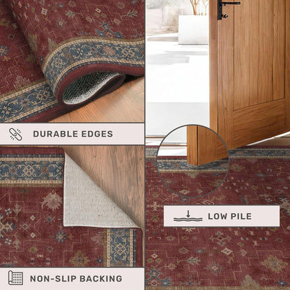 Vintage Burgundy Boho Dining Room Rug - Lightweight Washable 6x9 Low Pile Carpet | Southwestern Aesthetic