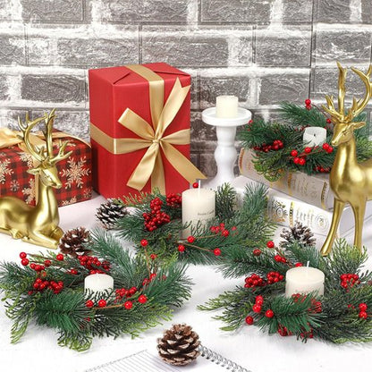 Knitgrip Mini Christmas Candle Rings - 4 Pcs Red Berry Pinecone Wreaths for Home Decor & Weddings