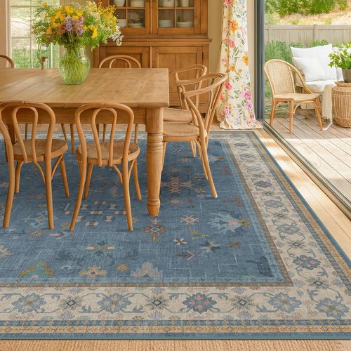 Boho 7x9 Living Room Rug - Modern Dark Blue Lightweight Washable Carpet for Dining & Bedroom Décor