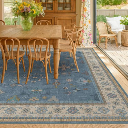 Boho 7x9 Living Room Rug - Modern Dark Blue Lightweight Washable Carpet for Dining & Bedroom Décor