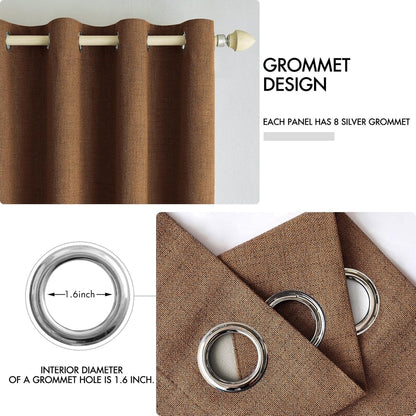 MIULEE 100% Blackout Linen Curtains - Thermal Insulated Brown Grommet Drapes | 52 x 84 Inch (2 Panels)