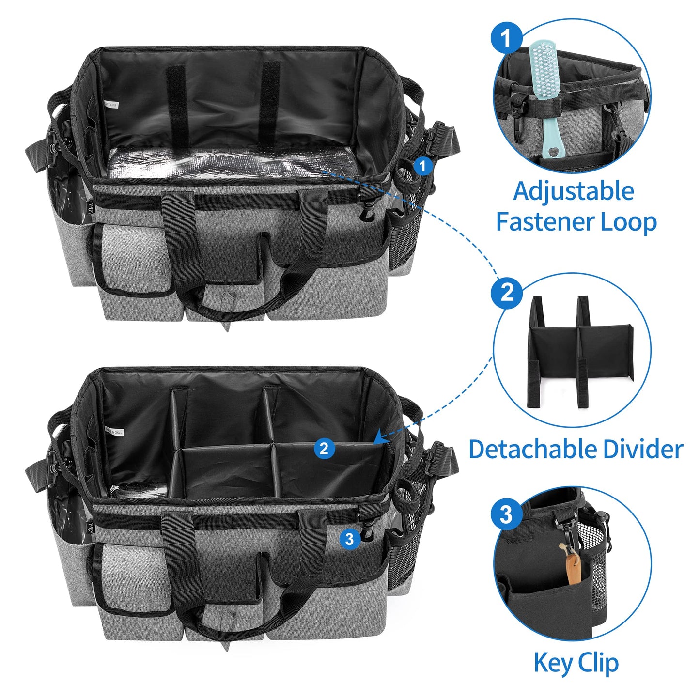 LoDrid Large Wearable Cleaning Caddy Bag with Detachable Divider, Cleaning Organizer with Handles, Cleaning Supply Tote with Adjustable Shoulder Strap for Cleaners & Housekeepers, Grey