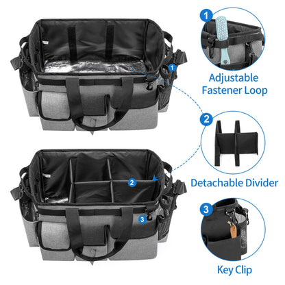 LoDrid Large Wearable Cleaning Caddy Bag with Detachable Divider, Cleaning Organizer with Handles, Cleaning Supply Tote with Adjustable Shoulder Strap for Cleaners & Housekeepers, Grey