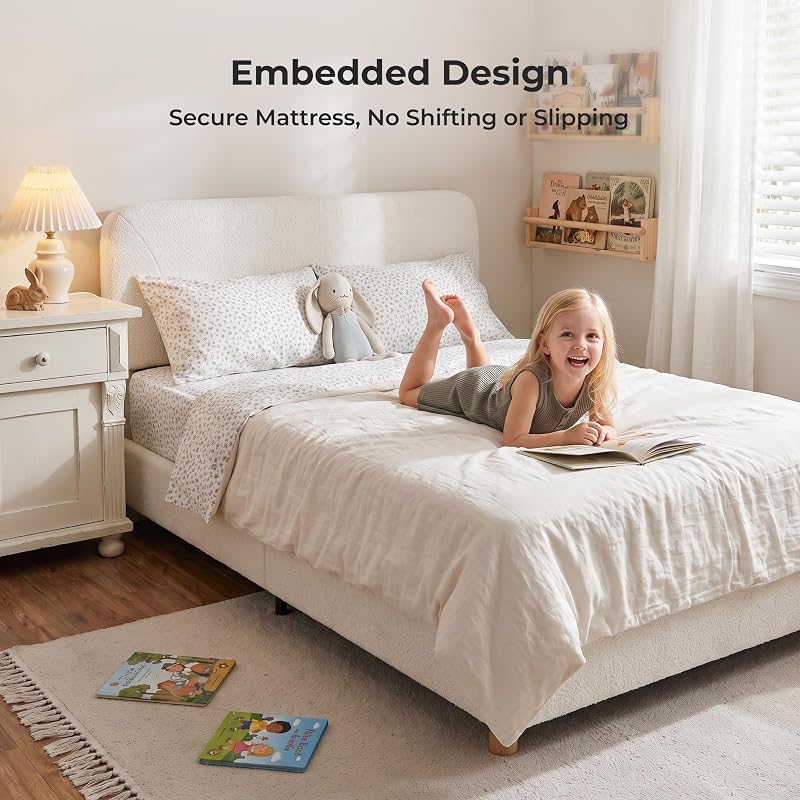 Full Size Upholstered Cloud Bed Frame with Boucle Cream, Height-Adjustable Headboard
