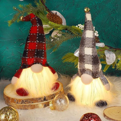 Juegoal Lighted Christmas Gnomes - 12 Inch Handmade Plush Tomte with Buffalo Plaid Hat | Battery Operated Holiday Decor