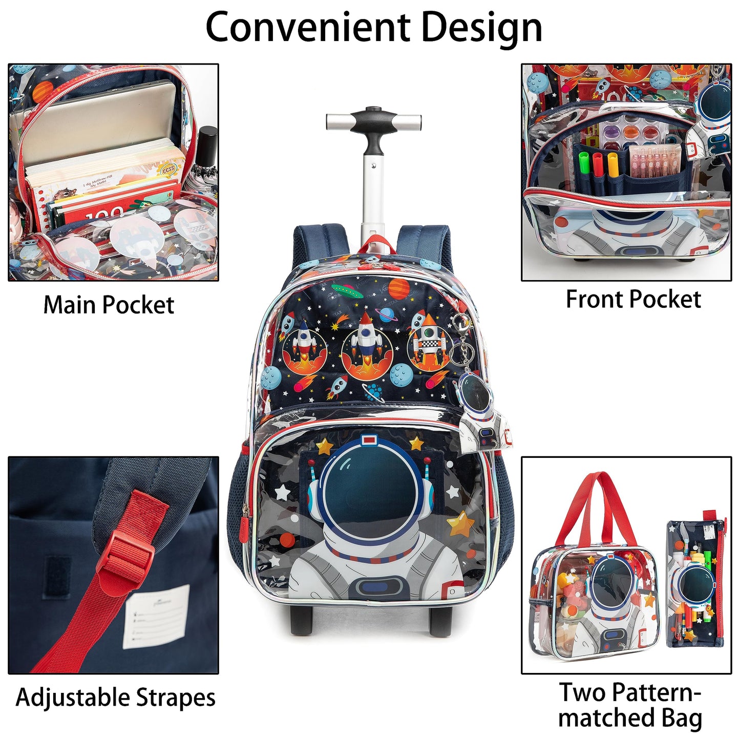 MOHCO Clear Rolling Backpack Kids Wheeled School Bookbag for Boys and Girls (Astronaut)