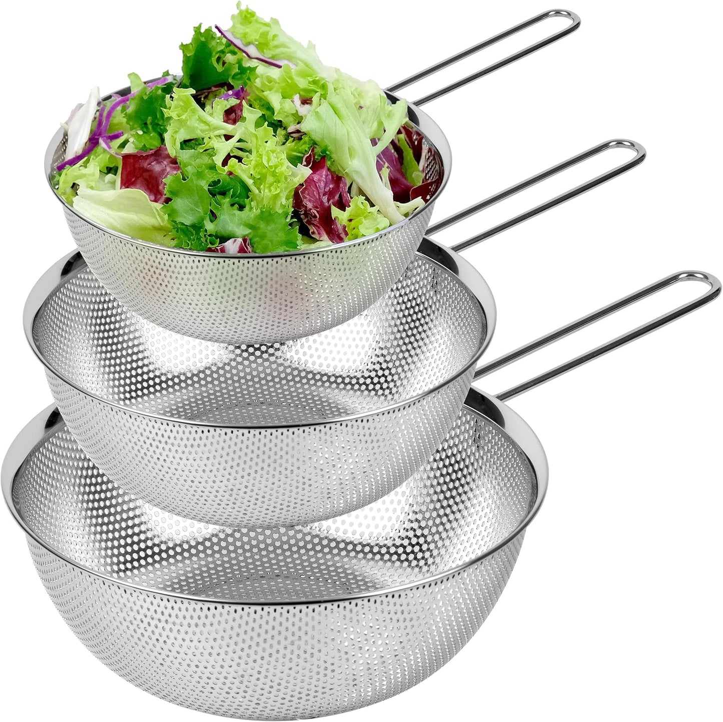 Premium 18/8 304 Stainless Steel Strainer Set of 3 - Micro-Perforated Design with Long Handle | Self-Draining Base for Pasta, Rice, Vegetables (1.5, 2.5, 4 Qt) - Made in Korea