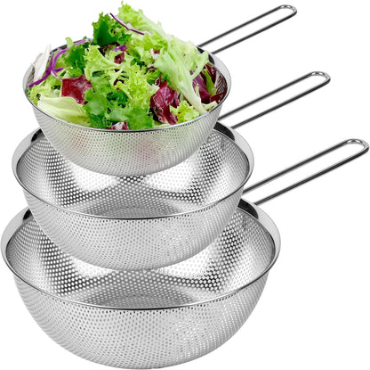 Premium 18/8 304 Stainless Steel Strainer Set of 3 - Micro-Perforated Design with Long Handle | Self-Draining Base for Pasta, Rice, Vegetables (1.5, 2.5, 4 Qt) - Made in Korea