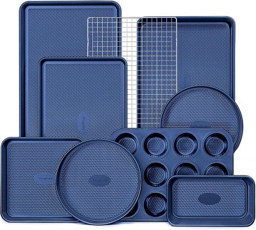 HONGBAKE 9-Piece Nonstick Baking Pans Set - Stackable, Non-Toxic Bakeware with Diamond Texture | Includes Cookie Sheet, Cake Pan, Roasting Pan & Muffin Tin in Blue
