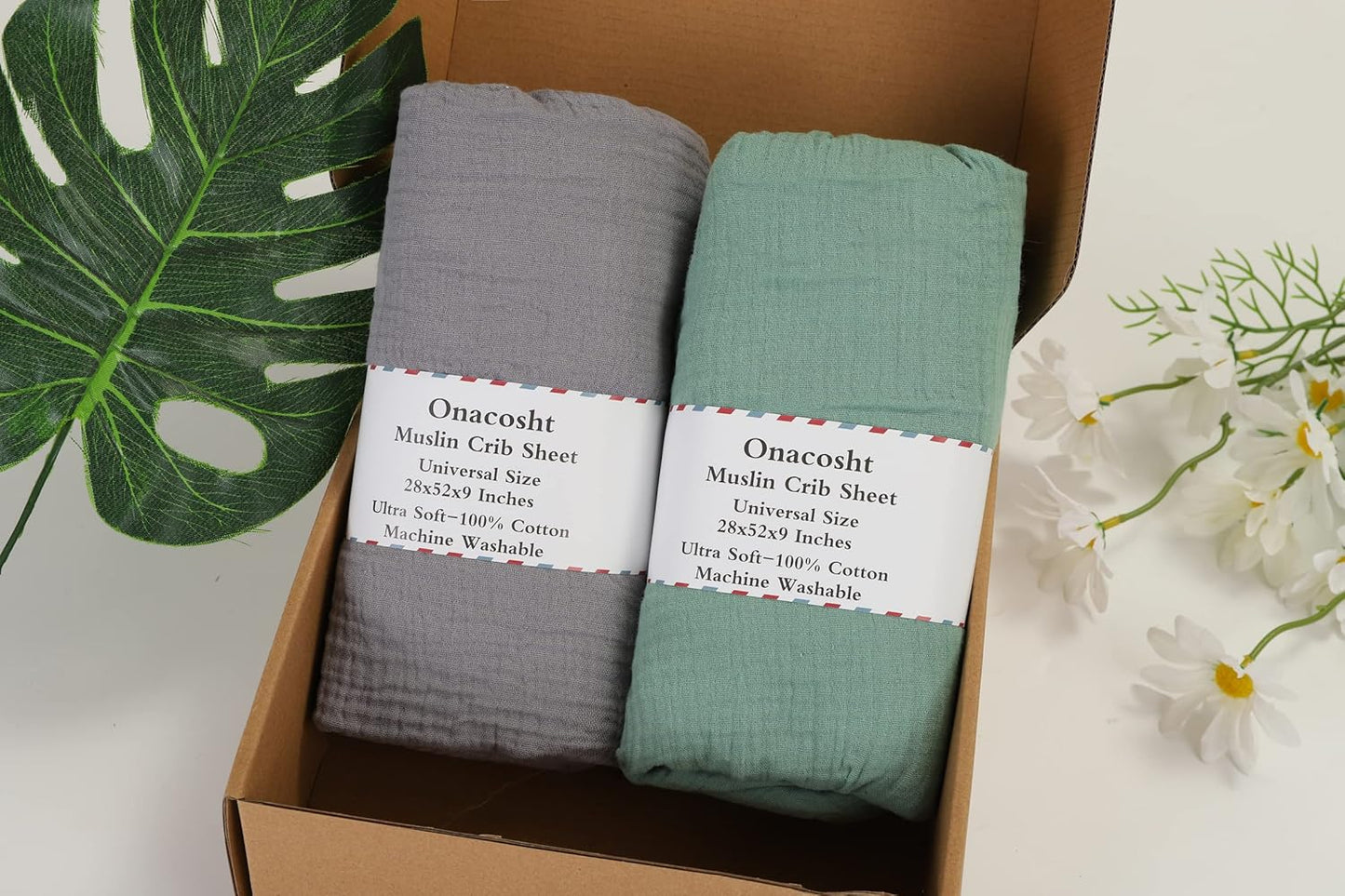 Onacosht Muslin Crib Sheets - Soft 100% Cotton Fitted Sheets for Standard Toddler Crib | 2-Pack in Grey & Green