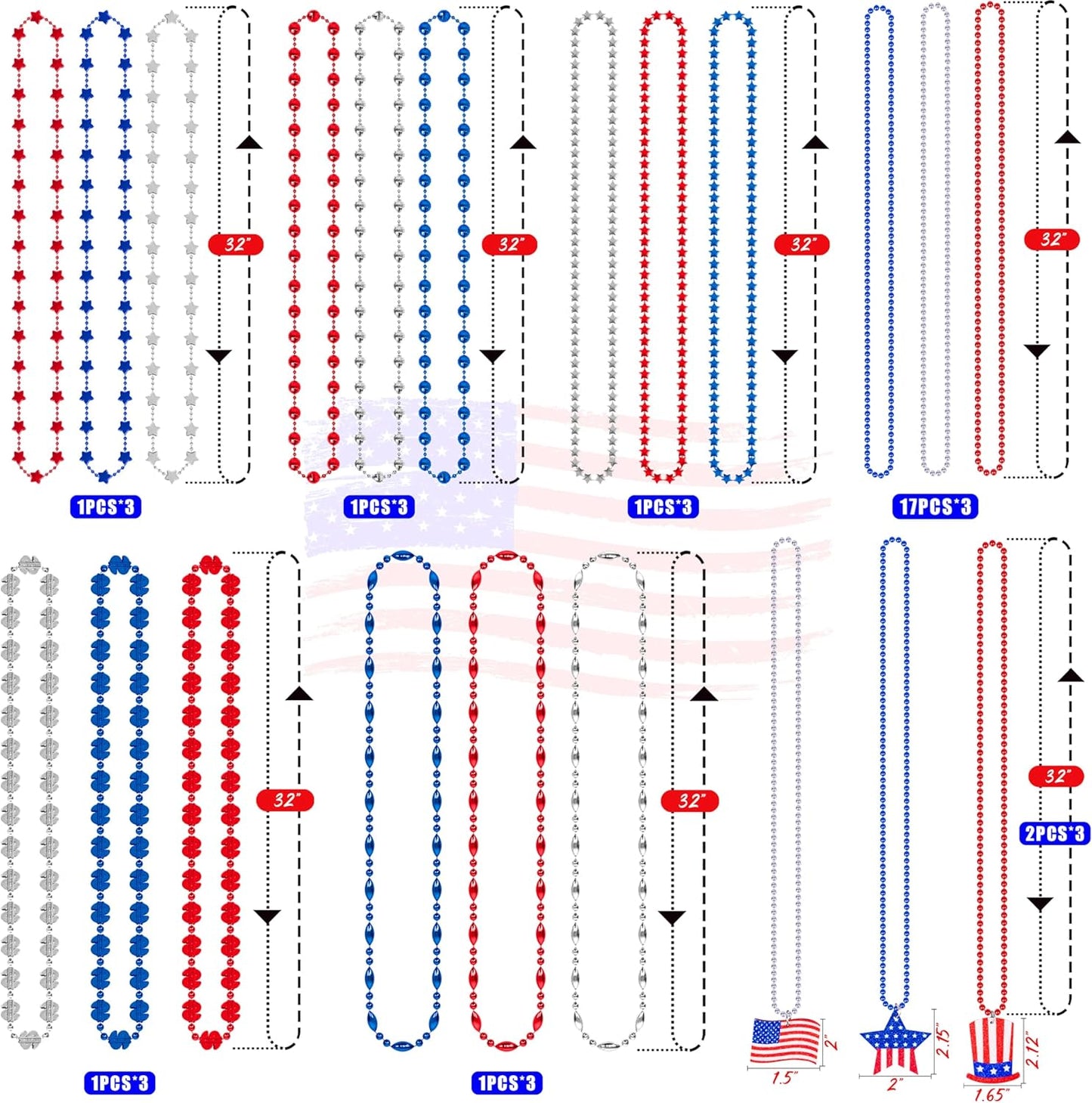 Moon Boat 72PCS 4th of July Accessories - Patriotic Necklaces with Blue, White, and Red Beads for Independence Day Celebrations