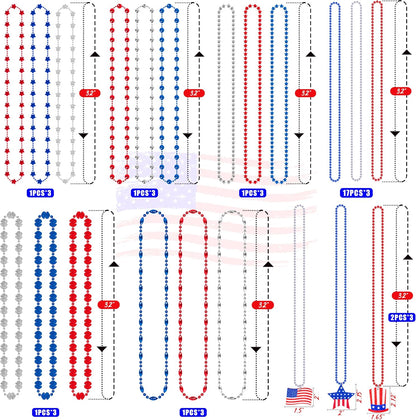 Moon Boat 72PCS 4th of July Accessories - Patriotic Necklaces with Blue, White, and Red Beads for Independence Day Celebrations