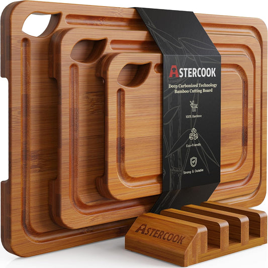 Astercook Bamboo Cutting Boards - Deep-Carbonized, Reversible Design with Juice Grooves & Easy-Grip Handles | Kitchen Gift