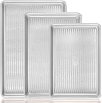 HONGBAKE Nonstick Baking Sheet Pan Set - Heavy Duty Cookie Sheets with Diamond Texture | Silver, Half & Quarter Sizes