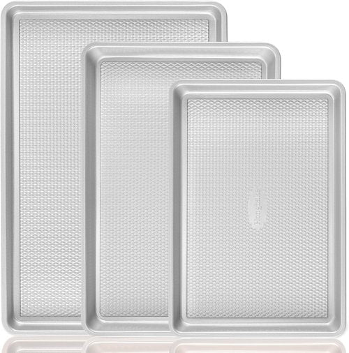 HONGBAKE Nonstick Baking Sheet Pan Set - Heavy Duty Cookie Sheets with Diamond Texture | Silver, Half & Quarter Sizes