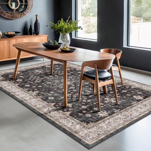 Black Modern Farmhouse 5x8 Area Rug for Living Room, Boho Large Entryway Rug, Dark Floor Carpet for Kitchen Under Small Dining Table, Bedroom - Washable Low Pile Waterproof Non Slip & Stain Resistance