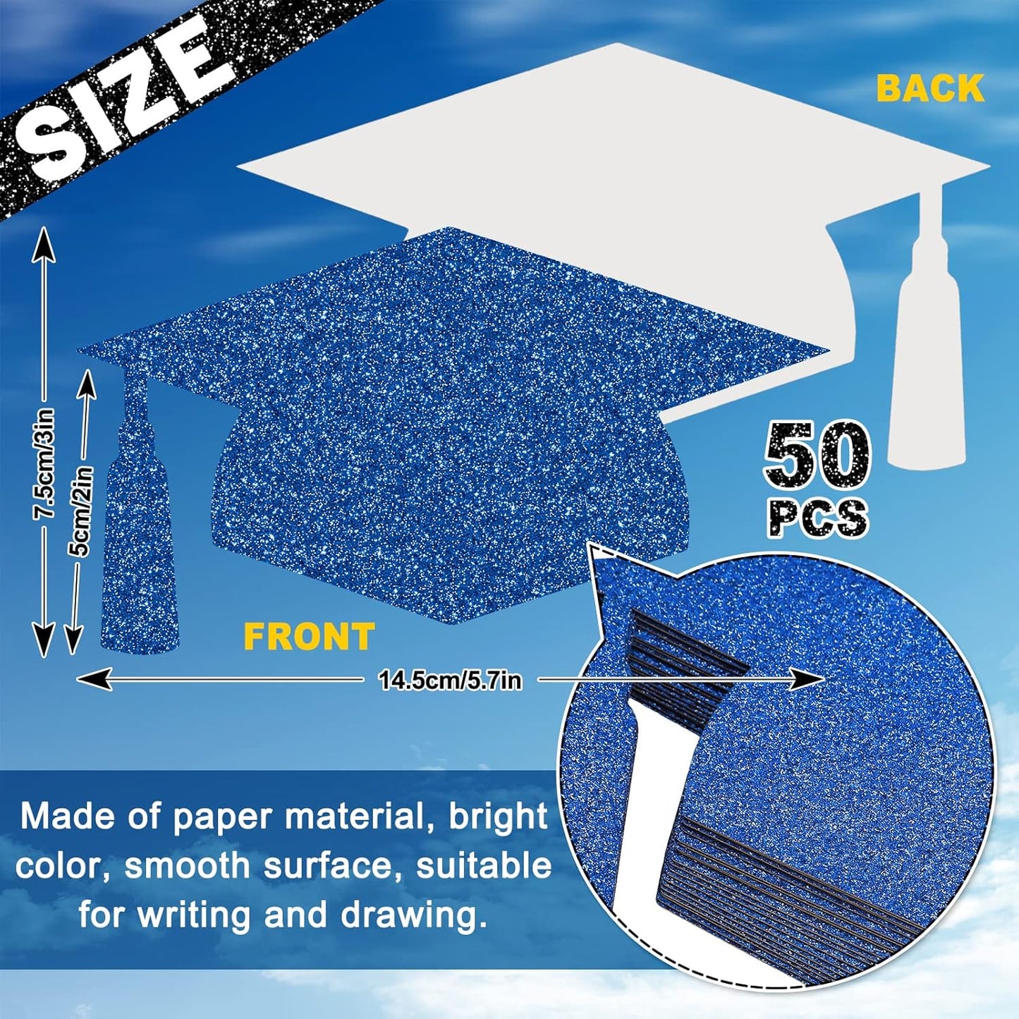 Whaline Graduation Cap Cutouts - Glitter Blue Confetti with 100 Glue Points | 50 Pcs, 5.7 Inch