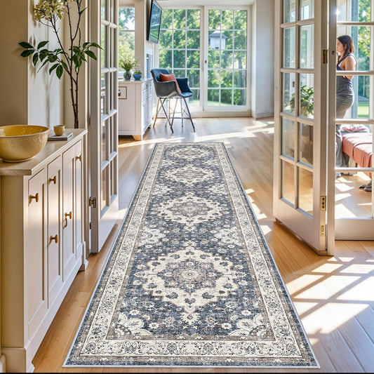 Skiennix Washable 3x12 Hallway Runner Rug - Non-Slip Floral Design | Stain Resistant Low Pile Mat (Blue)