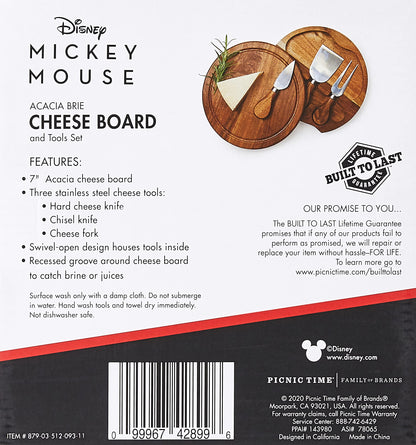 PICNIC TIME Disney Mickey Mouse & Minnie Mouse Acacia Brie Cheese Board and Knife Set, Charcuterie Board Set, Wood Cutting Board, (Acacia Wood)