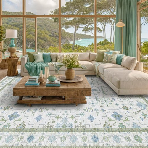 Hazo Haus Blue and Green Living Room Rug 7x10 - Cream Oushak Vintage Boho Floral Farmhouse, Washable Low Pile Non-Slip Extra Large Area Rugs for Bedroom, Kids, Lounge