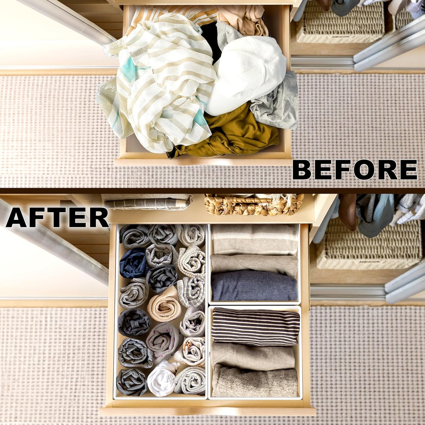 Simple Houseware Foldable Drawer Organizer Set of 12 - Beige Fabric Storage Bins for Clothes & Accessories